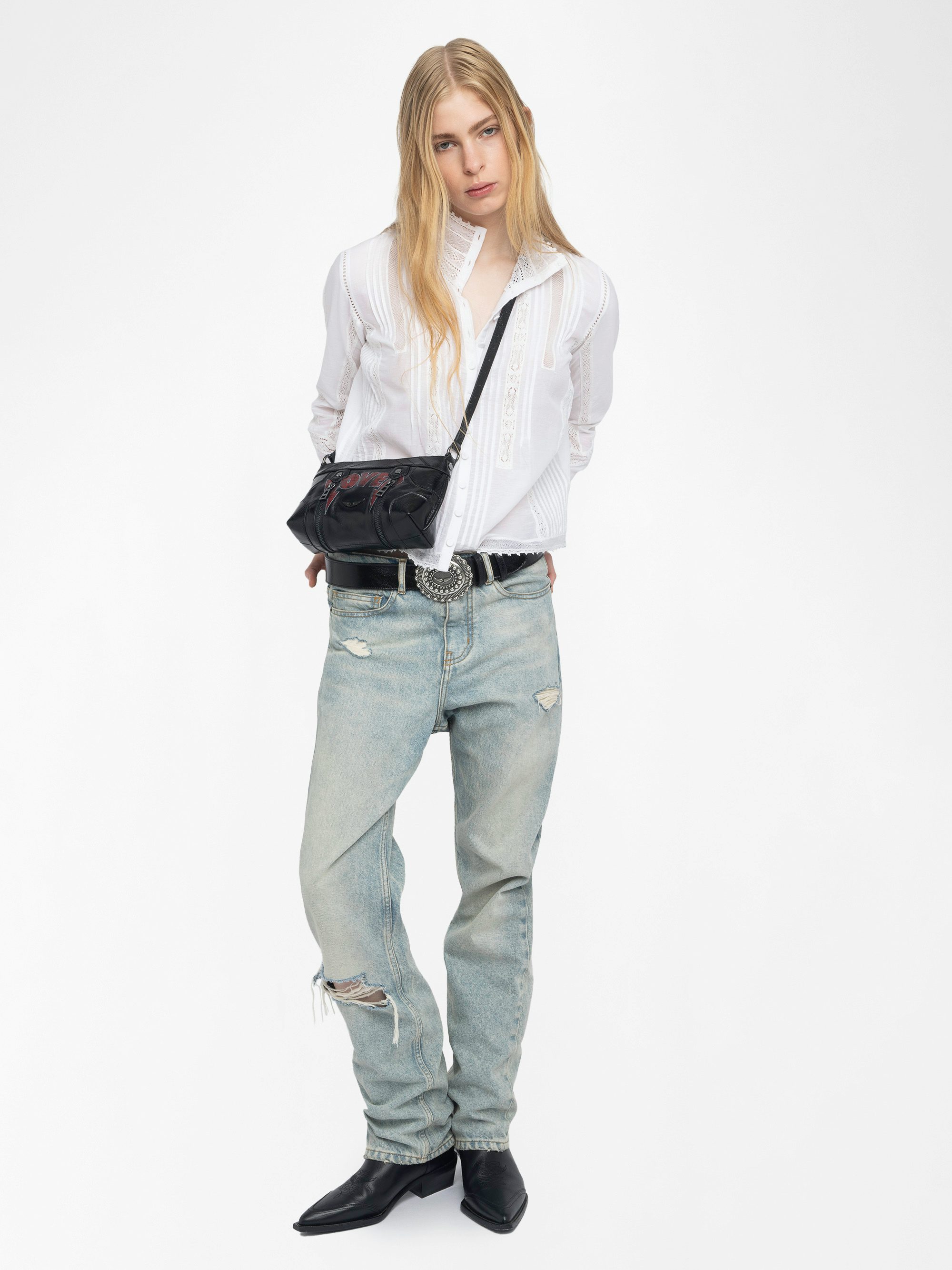 Tano Shirt - Cotton tomboy shirt with lace insert and embroidered wings on the back.